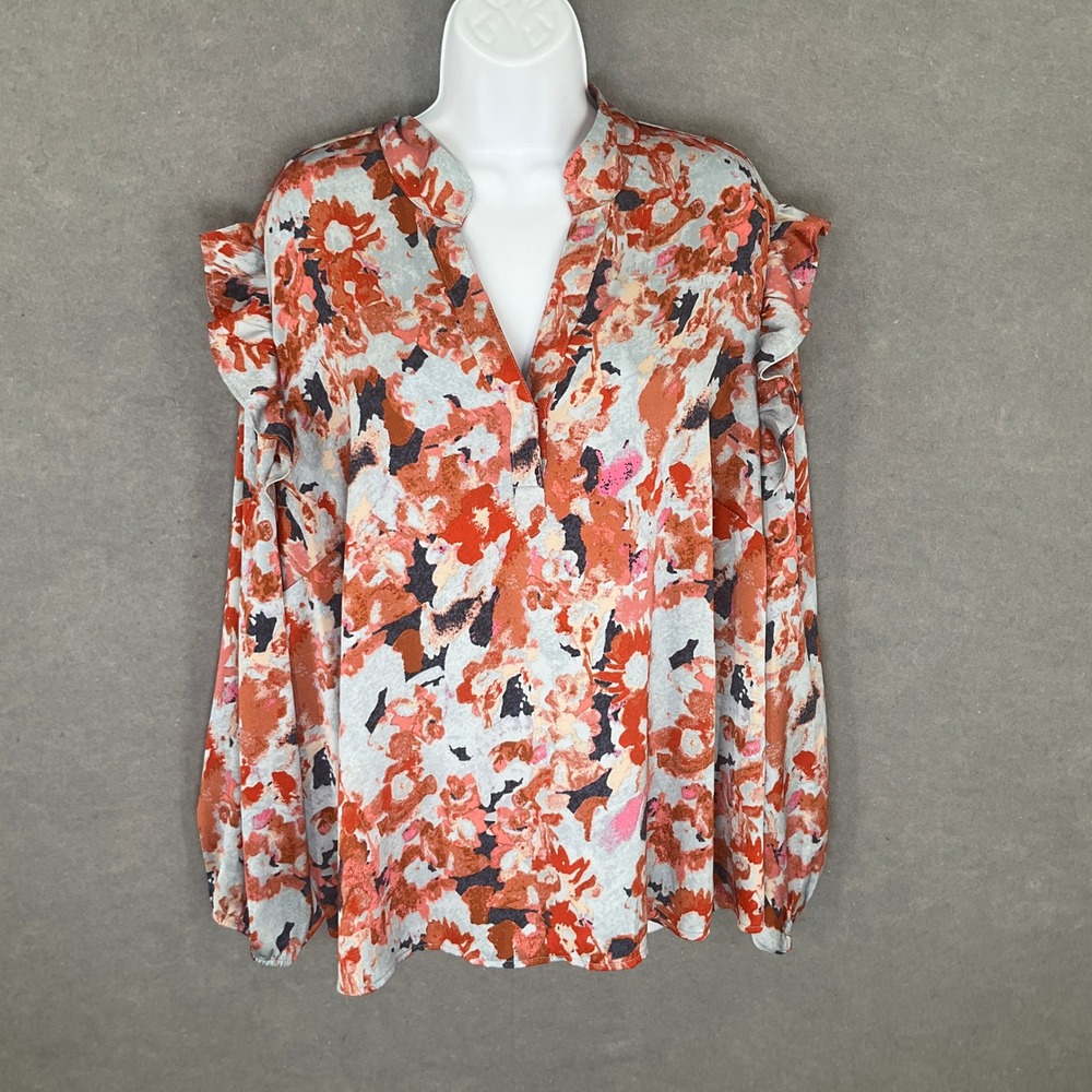 NIC+ZOE Top Womens 2X Floral Print V-Neck Long Sleeve Ruffle Blouse Bohemian